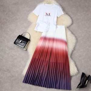 Summer Short Sleeve Round Neck Two Piece Long Skirt White Solid Color Embroidery T-Shirt Top Gradient Color Pleated Suits 2 Pieces Set 22W174051