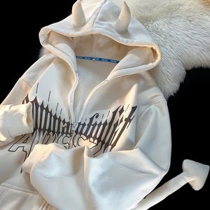 Hoodies Womens Sweatshirts Harajuku Demon Hoodies Tail Design Gothic Hightie Sweatshirt Goth Zip Up Hoodie Y2K Clothes الأزواج