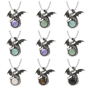 Vintage Fly Dragon Necklaces Stainless Steel Beaded Chain Natural Stone Crystal Pendant Necklace For Men Punk Jewelry