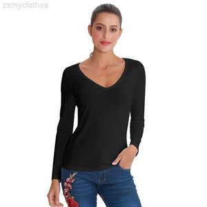 Damen-T-Shirt, Herbst, Damen, V-Ausschnitt, Baumwolle, T-Shirt, einfarbig, solide, langärmlig, lässig, Damen, schlank, Basic-T-Shirts, weiß, Oberteile, weibliche Kleidung, M30166