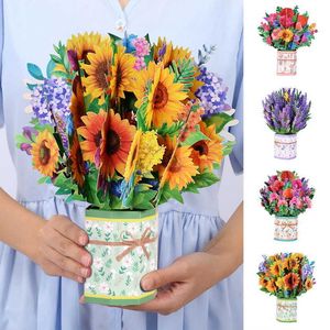 Presentkort 3D Pop Up Flower Bouquet Card Creative Diy Artificial Flowers Bouquet Greating Cards for Mothers Day Valentines Jubileumskort Z0310