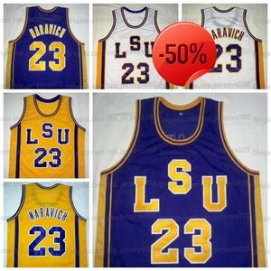 Anpassad Pete Maravich #23 baskettröjor LSU Vit gula lila Tigers College Retro Jersey Mens ed valfritt nummernamn