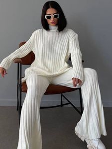 Women's Two Piece Pants Turtleneck Striped Knitted Set Women Solid Loose Pullover High Waist Flare Female Suit Lady Elegant Outfits 230310