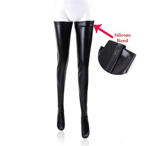 Socks Hosiery S-2XL Large Size Black Leather Stockings Pole Dance Sexy Medias Silicone Band Knee High Stockings Sexy Lingerie Latex Clubwear 230310