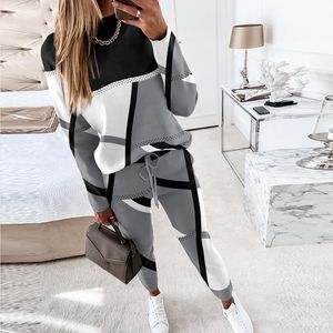 Women's Two Piece Pants Casual Oneck Long Sleeve Pullover Tieup Pant Outfit Fashion Colour Blocking 2Pc Suit Loose Tracksuits Set 230310