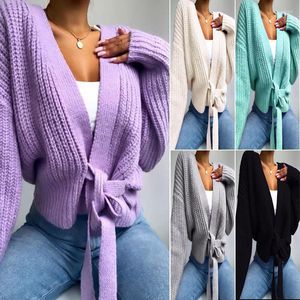 Kvinnors stickor Kvinnor Cardigan Fashion 2023 Autumn Sweater V-ringen Lace Up Bow Solid Color Women's Coat White Purple