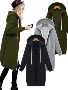 Kadın Hoodies Sweatshirtler Bir kez sıradan kadınlar uzun sweatshirt ceket fermuarlar dışarıya kapüşonlu ceket kış cepleri artı boyutu dış giyim üstleri 230310