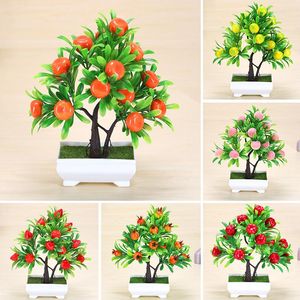 Dekorative Blumen Künstliche Pflanzen Bonsai Apfel Orange Obstbaum Topf für Zuhause Hochzeit Raumdekoration Blume El Party Dekor Fake