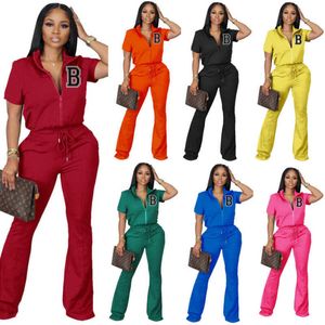 Plus Size 4XL Designer Women Sports Tracksuits Two Piece Outfits Fashion Short Sleeve Zipper Jackets Top And Flared Pants Suit