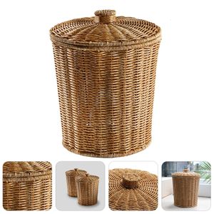 Storage Baskets Basket Storage Wicker Woven Trash Can Baskets Waste Laundry Lid Rattan Bin Garbage Container Seagrass Wastebasket Bathroom 230310