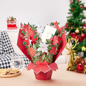 Karty podarunkowe 3D Pop -up Flower Greeting Kartka ślubna Dzień Matki Wielkanocne Poinsettia Life Size Buquet Z0310