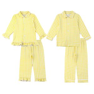 Piżama dzieci wielkanocne piżamę dla chłopców i dziewcząt Gingham sprawdzaj druk w żółtych pasujących rodzeństwa piżamy 230310