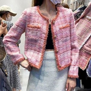 Women's Jackets Small Fragrance Elegant Long Sleeve Luxury Pink Plaid Tweed Coats Women's Jacket Female Sweet Casacos Top