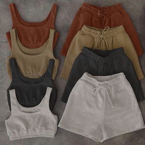 Calças femininas de duas peças Jodimitty Conjuntos de roupas esportivas casuais de duas peças com cordão Crop Top e Shorts conjunto de verão combinando Athleisure