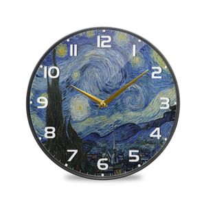 Väggklockor van Gogh Starry Night Oil Målning Akrylklocka Rund Hängande väggklocka Batteri drivs icke-tickande tyst tyst skrivbordsklocka 230310