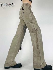 Kvinnors byxor capris weekeep streetwear khaki denim jeans mode stjärna tryck låg stigning retro last byxor fick lapptäcke rak jogging capris lady l230310