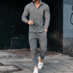 Mens Tracksuits ActiveWear Casual Half Zip Stand Collar Long Sleeve Pullover Tshirt och Pant Set Streetwear Solid Color 2 Piece 230310