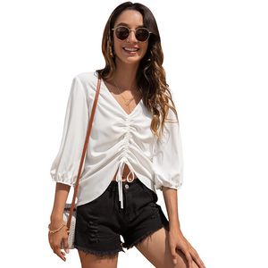 Women's T Shirts Summer Product V-Neck Casual Fashion DrawString Chiffon Shirt Loose Ordized Dark Tops Y2K Topwomen's