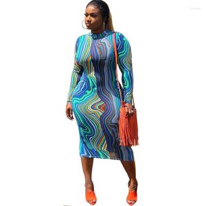 Vestidos casuais outono de inverno moda impressão bodycon vestido midi women manga longa bainha