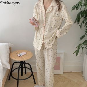 Women's Sleepwear Heart Printing Women Sweet Pajama Sets Simple Loose Cozy Korean Young Style Loungewear Pocket Patchwork Gentle Soft Trendy Ins 230310