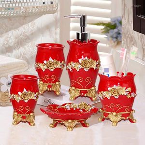 Bath Accessory Set Red Bathroom Decoration Accessories Toothpaste Dispenser Lotion Bottle Toothbrush Holder Soap Dish Storage Tray Wedding