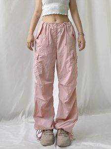 Kadın Pantolon Capris Y2K Baggy Kargo Pantolon How Rise Drawstring Moda Cep Kawaii Pembe Gevşek Gevşek Tutpaslar Kadın Pantolonlar Coquette Estetik 230310