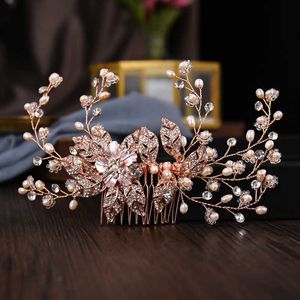 Tiaras Rose Gold Wedding Bridal Hair Jewelry for Party Women Handmade Tiara Headpiece Pearls Crystal Hair Combs Hairbands R230306