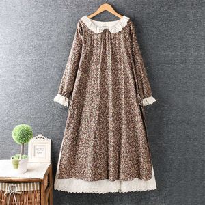 Casual Dresses Vintage Japanese style lace peter pan collar long sleeve rustic flowers print cotton layers dress 2022 autumn RV760 Y2302