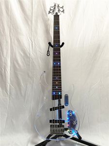 Neue 5-saitige Acryl-Transparent-Plexiglas-E-Bass-Gitarre mit LED-Farbe, blinkendem Chrom, Tremolo-Brücke