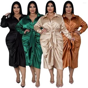 Casual Dresses Women Sexy Long Sleeve Elegant Shirt Dress Trendy Reflective Silk Pleated Tie Turn Down Collar Clithing Party Midi Evenin