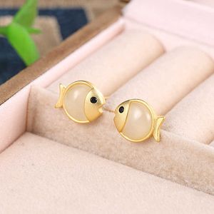 Earings Yuexin S925 sterling silver Hotan Jade earrings gold-plated personality cute little fish lady temperament small