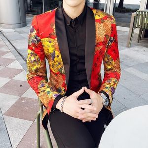 Men's Suits & Blazers 2023 Men Suit Jacket Fashion China Style Rich Flowers Blooming Printing Shiny Royal Slim Fit Stage Vip Blazer