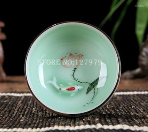 Fincan tabakları seramik sanatları ve el sanatları çay fincanı longquan celadon yüksek dereceli çay bardağı el boyaması lotus çay fincanları çay farları 4 desen /set-