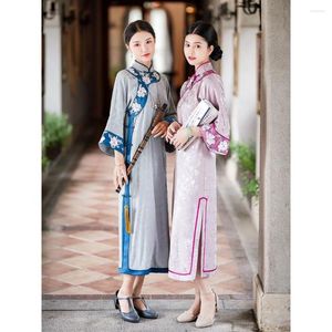 Ethnic Clothing Chinese Dress Woman Blue Pink Printing Qipao Ancient Satin Cheongsam 2023Cheongsam Traditional Retro