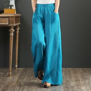 Damen-Hosen, Caprihosen, Vintage-Stil, Leinen, elastische Taille, weites Bein, lange Hosen, Sommer, einfarbig, lässig, lockere Hosen, weibliche Boho-Kleidung 230310