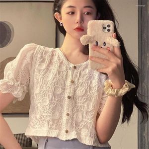 Women's Blouses French Style Elegant Shirt Summer Puff Sleeve Crop Top Women Single Breasted Cotton Blouse Korean Clothes Boho Blusa Mujer