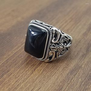 Cluster Rings Black Jade Natural Stone Women Accessories Jewelry Talismans Adjustable Ring Amulets Vintage Chinese Amulet 925 Silver