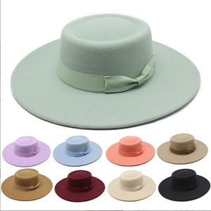 Top Hats British Elegant Flat Top Feel Jazz Hat Fashion Ladies Retro Panamański wełniany kapelusz Kobiet Summer Trilby Fedora Caps Panama Beach Street Cap Dekoracyjne BC471