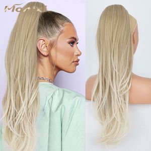Ponytails MONIXI Synthesic Long Wavy Ponytail Ombre Platinum Drawstring Straight Ponytail Extensions for Women Daily Heat Resistanct Hair 230310