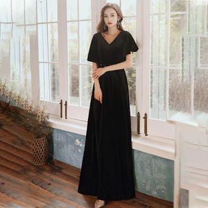 Festklänningar aftonklänning djupt v-hals ruched korta ärmar golvlängd mode enkel imperium a-line svart kvinna formella klänningar a1916