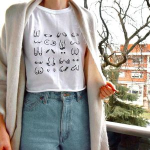 Damen-T-Shirts BOOB EQUALITY TEE Umweltfreundliches feministisches Crop-Shirt Brustkrebs-Bewusstseinsaktivistin Nachhaltige Retro-Grafik M050