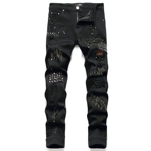 Black Rivets Men's Jeans Stretch Ripped Paint Denim Pants Fashion Slim Embroidery Trousers Punk Style Male Clothing Pantalones Para Hombre Vaqueros