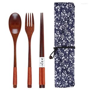 Set di stoviglie Forchetta in legno Cucchiaio Abito a tre pezzi Stoviglie portatili da viaggio in stile coreano giapponese Bellissimo