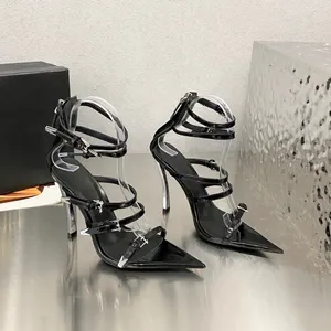 Multi-strap satin Leather sandals Ankle Strappy stiletto Pinpoint Heels Evening Point open toe shoes Women's heeled Luxury Designers Dress shoe factory footwear