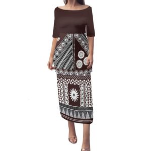 Casual Dresses Samoan Puletasi Polynesian Tribal Clothing Brown White Fijian Tongan Flower Print Custom Dress Sets Women Two Piece Off Shoulder 230309