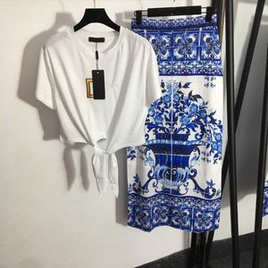 23ss Designer brand women skirt set embroidered letters chest tie waist short sleeve T-shirt blue white porcelain print high waist split skirt womens clothing a1