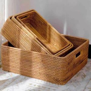 Storage Baskets Rectangular Rattan Wicker Basket Hand Woven Container Bread Snack Cosmetic Storage Box Household Tools 230310