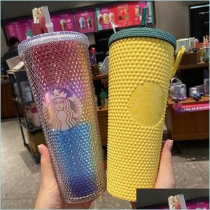 Mugs 24Oz Personalized Starbucks With Logo Iridescent Bling Rainbow Unicorn Studded Cold Cup Tumbler Coffee Mug Straw Drop Delivery Dhsh2