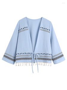 Damenblusen, Boho-Kleidung, Damen-Cardigan, 2023, Quastensaum, böhmische Vintage-Stickerei, Bluse, 3/4-Ärmel, vorne, Schnürung, Sommer-Tops