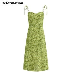 Designer Dresses Reformation2023 Summer French Pure Lust Holiday Green Fragmented Flowers High Waist Dress Girl